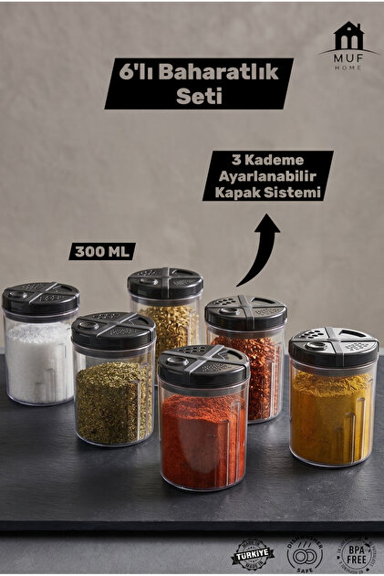 MUF HOME Pratik Ayarlanabilir Kapaklı 6'lı Şeffaf Baharatlık Seti
