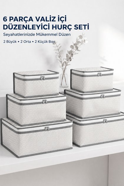 6 Parça Beyaz Çizgili Bavul İçi Düzenleyici Hurç Seti Organizer Seyahat Hurcu Dolap Düzenleyici