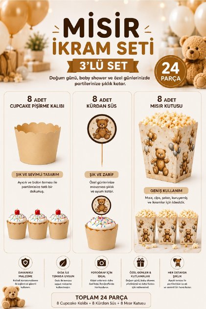 Teddy Bear Party Treat Set – 8 Cupcake Cases, 8 Toothpick Decorations, 8 Corn Boxes | Teddy Bear Birthday Party Supplies