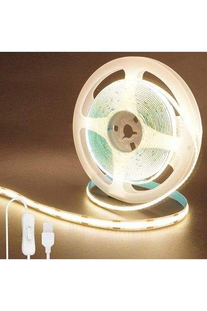 شريط إضاءة LED من نوع COB بجهد 5 فولت مع مفتاح تشغيل، بطول 6.56 قدم/2 متر، أبيض بارد 6500 كلفن، 320 مصباح LED لكل متر، عرض 8 مم، غير مقاوم للماء