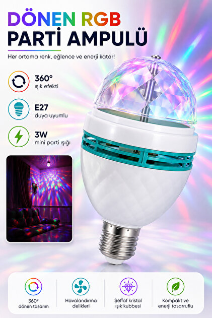 360° Dönen RGB LED Disko Topu Parti Ampulü E27 3W Renkli Işık Ev Parti Doğum Günü Dekorasyon