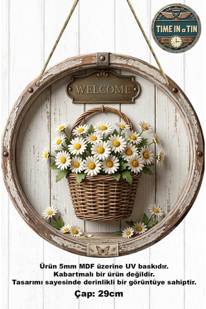 Dış Kapı Süsü - Ahşap Görünümlü 3D Etkili Hasır Sepette Papatya "Welcome" Kapı Süsü - MDF (29 cm)