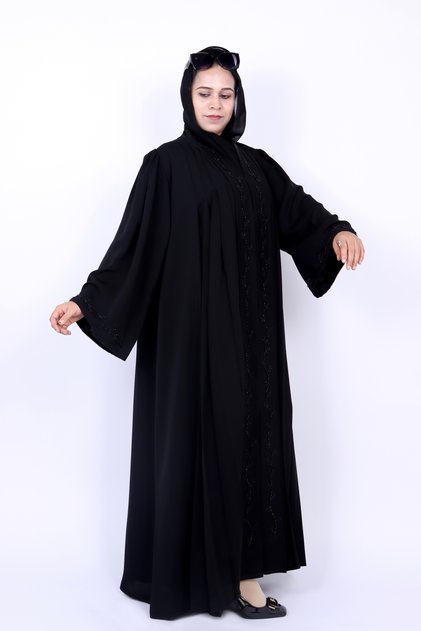 Elegant Black Front Pleated Abaya with Flower Embroidery and Bead Handwork Detail