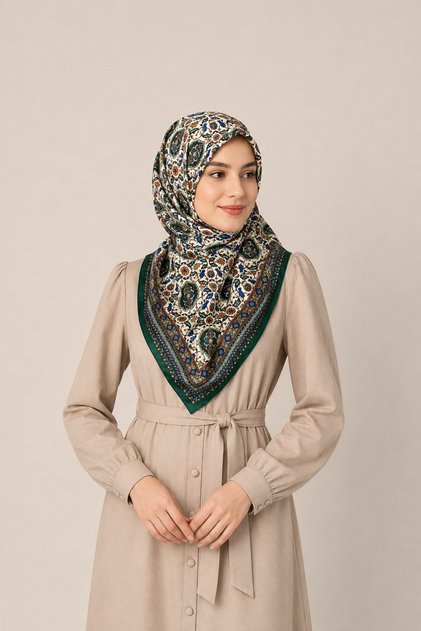 وشاح نسائي مربع الشكل بتصميم أصيل 90x90 سم - أخضر إكرو