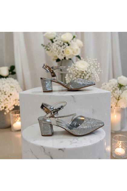 7012 Silver Glittery Stone Thick Square Heel Evening Dress Stiletto Shoes