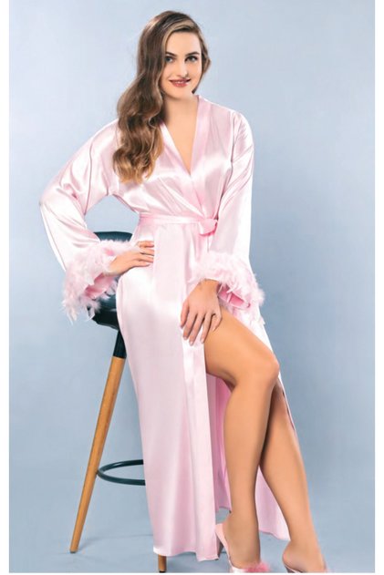 Satin Sleeves Feathered Long Dressing Gown