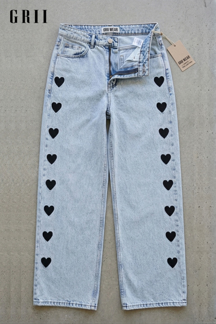 Light Blue Heart Embroidered Wide Leg Jeans