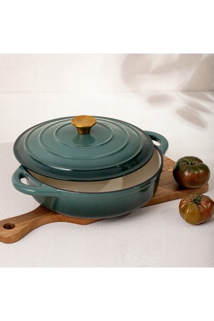 ANDREAS oală din fontă verde plată pentru gaz și inducție cu capac 2.5L HOMLA