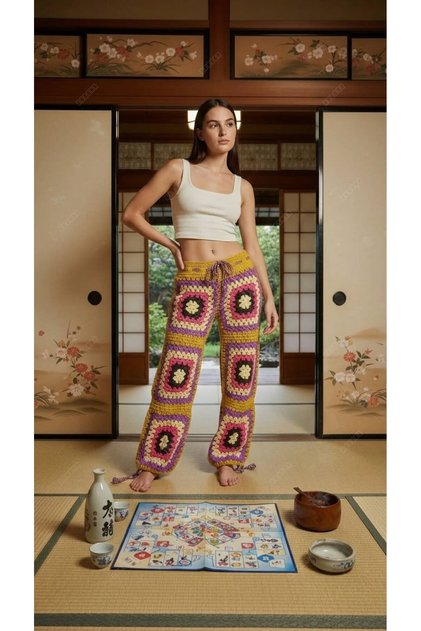 Hand Knitted Motif Women's Trousers Standard Size