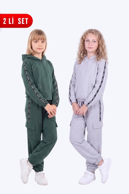 2-Piece Girls' Striped Detailed Cargo Pocket Hooded 4-Piece Tracksuit Set