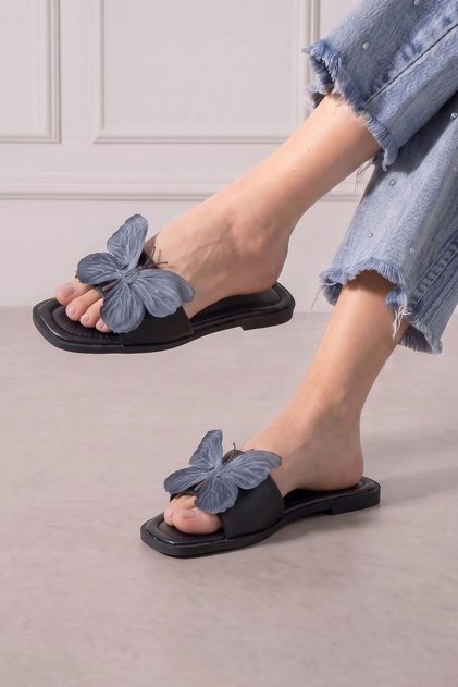 Papillon Black Anthracite Fabric Butterfly Detailed Slippers