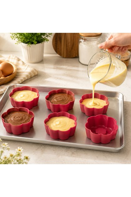 2 Adet 6'lı Papatya Model Silikon Kek Kalıbı 7 x 3 cm Mini Pasta ve Muffin Kalıbı - Asorti Renk