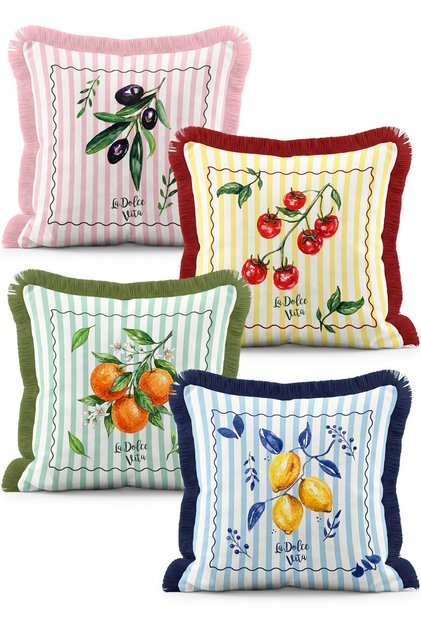 La Dolce Vita Themed Olive Tomato Orange Lemon Patterned Striped 4-Piece Fringed Throw Pillow Cover Set