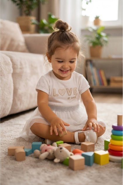 100% Cotton Tulle Detailed Dress for Baby Girl - Beige Detailed with "Love" Written