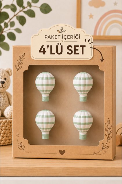 ADAÇAYI YEŞİL (4'LÜ SET) Uçan Balon Çocuk Bebek Odası Mobilya Çekmece, Dolap Kapağı Kulpu Vida Somunlu