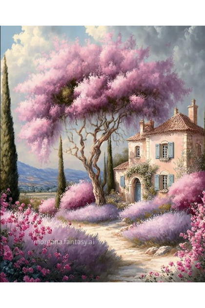 Tablou GM713 Tapiserie cu diamante, cu ramă, 50 x 40 cm, Casa cu arborele cu lavandă și trandafiri