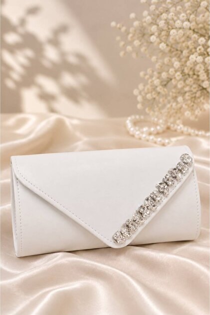 Women's White Stone Evening Dress Engagement Wedding Graduation Event Dress with Sleeves and Handbag