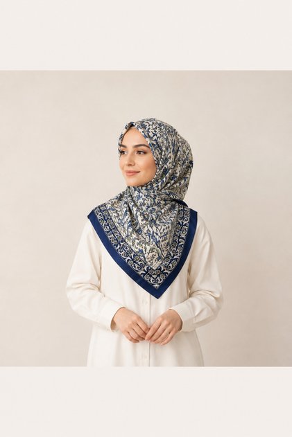 وشاح نسائي منقوش بنمط أصلي باللون الأزرق الداكن والبيج مقاس 90x90