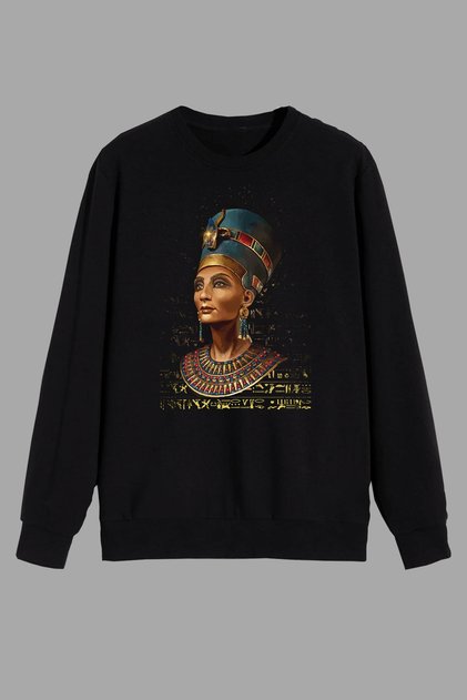 Ancient Egypt Queen Nefertiti Sculpture Printed Black Sweatshirt