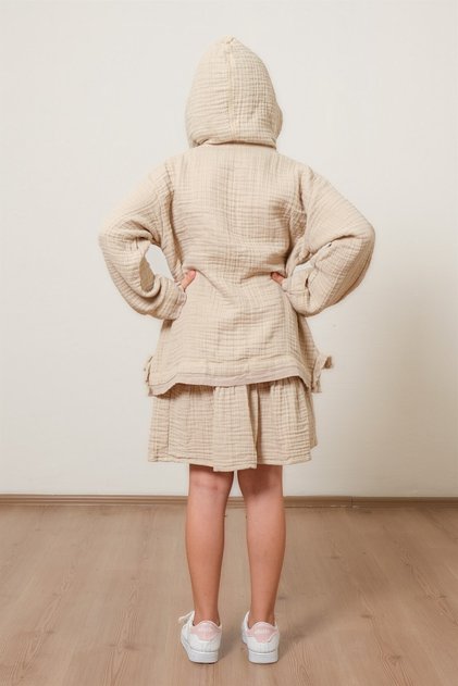 Beige Colored Muslin Hooded Kids Sweatshirt