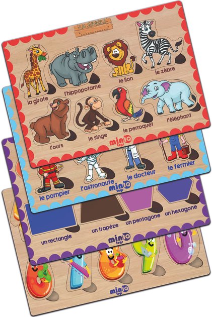 Wooden French Forest Animal-professions-shapes-numbers Set of 4 Educational-tutorial Puzzle