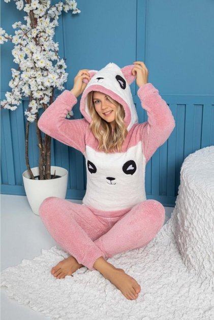 Panda Model Kapüşonlu Polar Kadın Pijama Takımı