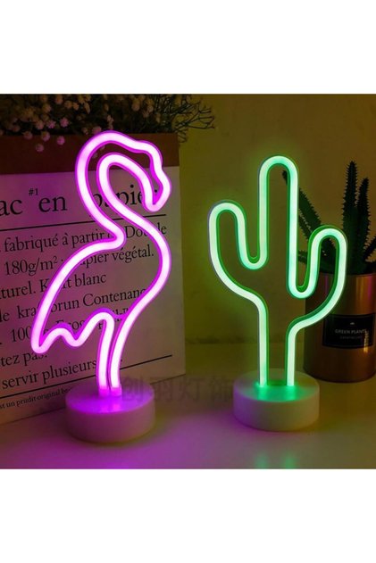 Flamingo Neon Kaktüs Neon Elektrikli Usbli Pilli 2li Neon Gece Lambası Seti Çocuk Odası Büyük Boy
