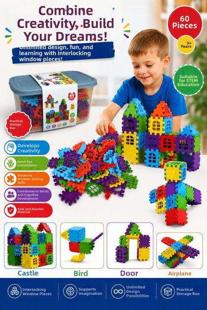 60 Pieces Puzzle 3D Interlocking Building Blocks Stem Educational Toy Ofb-Blk-02