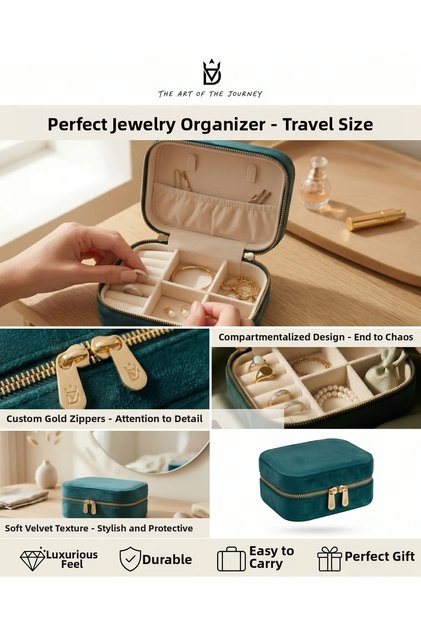 Jewelry Box Organizer Travel Case Necklace Ring Earring Organizer Velvet Petrol Green 12Cmx8Cm