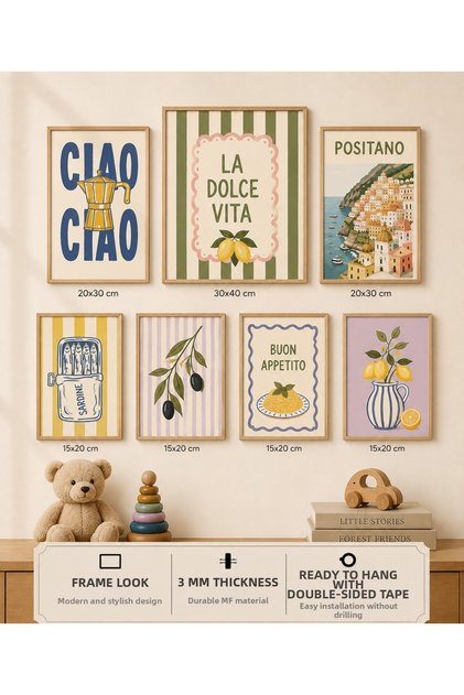 7-Frame View of the Mediterranean |   Lemon |   Olive |   Modern |   Italian & Mediterranean Style |   Living Room, Office, Kitchen and Study Room Wall Decor