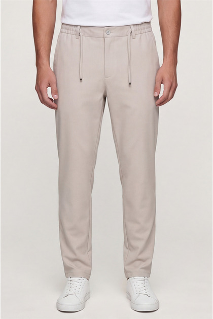 Erkek Taş Renk Regular Fit Standart Boy Dokuma Armürlü Pantolon
