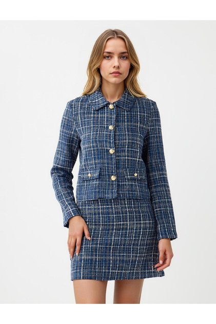 Navy Blue Plaid Patterned Shirt Collar Button Detailed Jacket