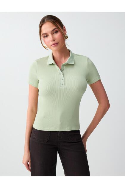 Ada Tea Green Slim Fit Short Sleeve Shirt Collar Knitted T-Shirt