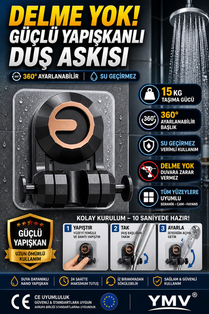Yeni Nesil Her Yöne Ayarlanabilir Yapışkanlı Su Geçirmez Duş Banyo Seti Tutacağı Duş Askısı