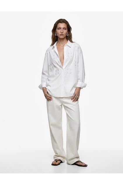 Cotton Long Sleeve Beaded Embroidery Detailed Poplin Oversize Shirt