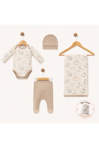 Baby Dinosaur Patterned 4-Piece Hospital Discharge Set – with Cloth Pouch Gift