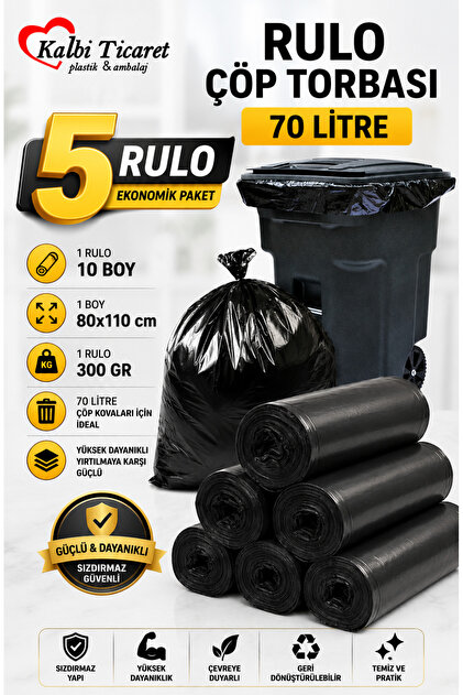 Kalın Çöp Torbası 300 gr X 5 Rulo Siyah Çöp Poşeti 80x110 Cm Jumbo Endüstriyel Çöp Torbası