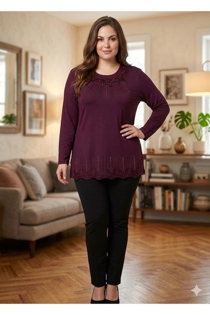 Plus Size Mother's Embroidered Stone-Decorated Combed Cotton Blouse