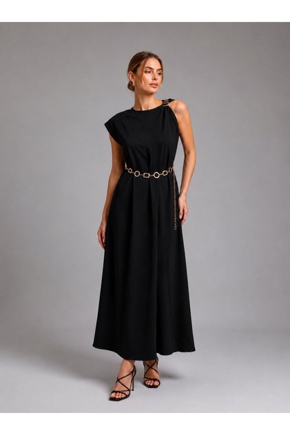 Women's Premium Dress with Shoulder Accessories and Gold Chain Detail
