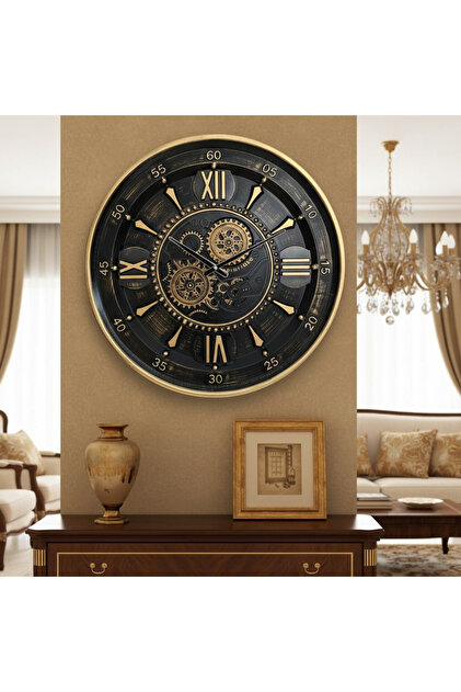 60x60cm Evdeki Metal Çarklı Saat-Lyon Gold-Altın Eskitme