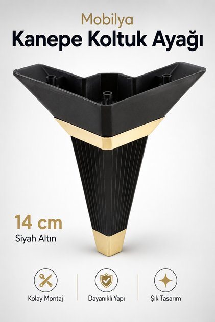 Mobilya Kanepe Çekyat Sehpa TV Ünitesi Koltuk Ayağı Baza Ayak Köşe 14 cm Siyah Altın