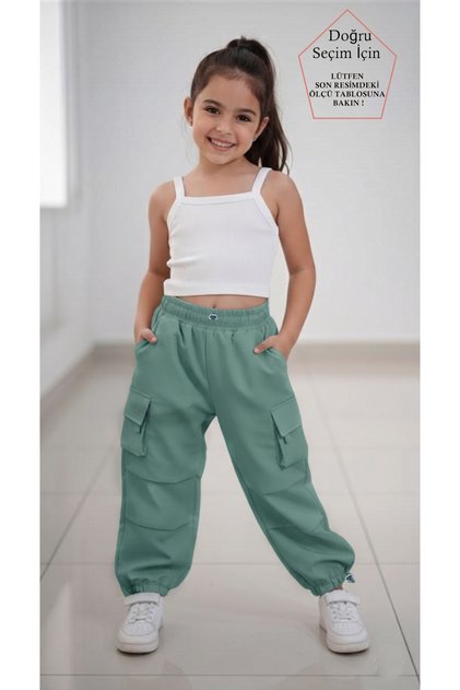 Paçası ve Beli Ayarlanabilir Lastikli Kız Çocuk Yeşil Paraşüt Pantolon