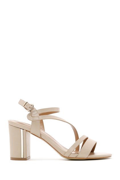 Women's Beige Ankle Strap Thick Heeled Sandals 26Sfe462318