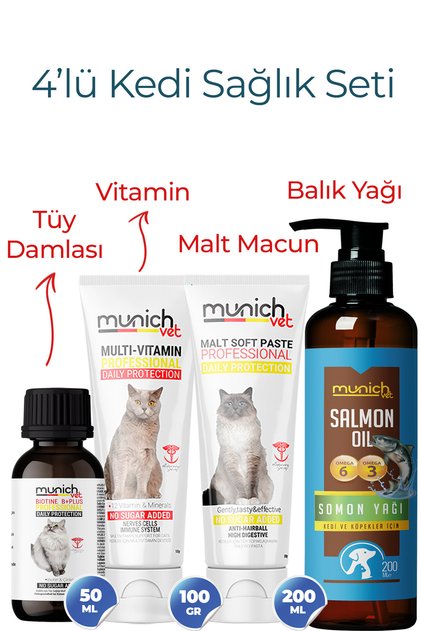 Kediler için 4'lü Set Biotine Plus & Balık Yağı & Malt Paste & Multi Vitamin