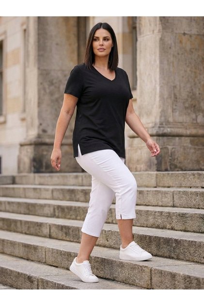 Kadın Büyük Beden V Yaka Yanı Yırtmaçlı Pamuklu Viskon T- Shirt ( Serifikalı Kumaş )