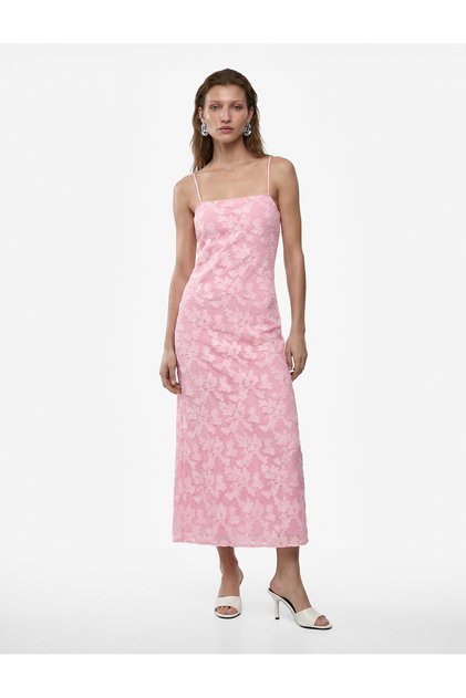 Slim Fit Floral Lace Textured Thin Strap Midi Dress
