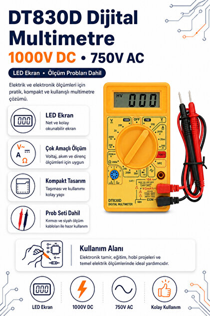 DT830D Dijital Multimetre - 1000V DC 750V AC