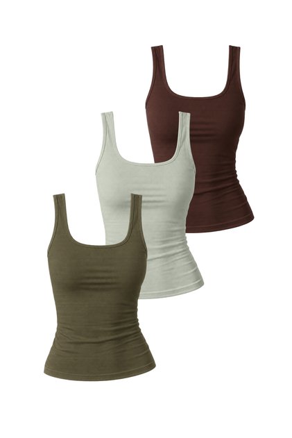Kadın Kalın Askılı %95 Pamuk Likralı Crop Bluz (50 cm) Atlet - Üçlü Set (Kahverengi, Taş Rengi, Yeşil)