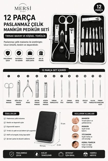 12 Piece Stainless Steel Manicure Pedicure Set | Nail Care and Personal Cleaning Leather Bag