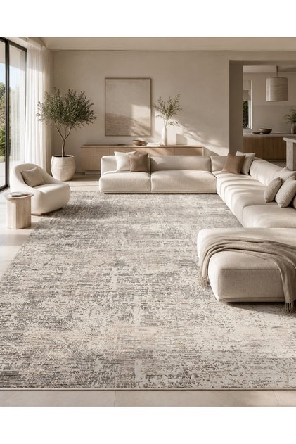 Halı Sahra Collection SH05 Krem Gri Modern Vintage Eskitme Desenli Dokuma Salon Halısı